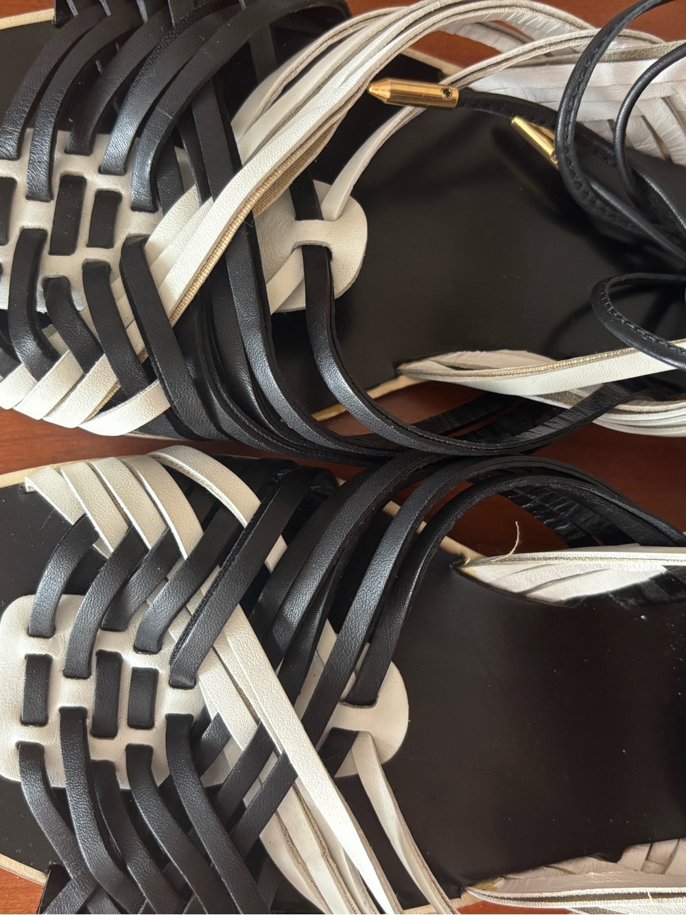 Balmain Black and White Woven Lace-Up Strappy Sandals - Picture 5 of 9